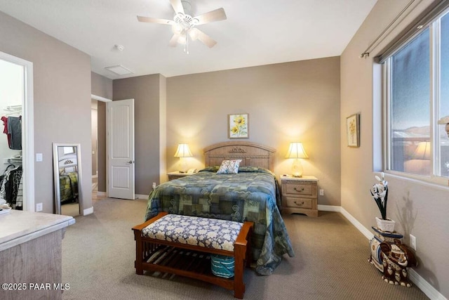 carpeted bedroom featuring multiple windows, a walk in closet, a closet, and ceiling fan