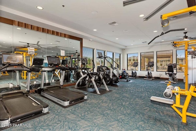 gym featuring ceiling fan