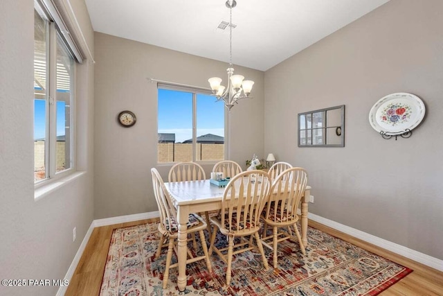 dining room with wood-type flooring and a chandelier