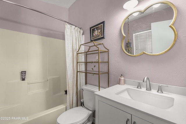 full bathroom with shower / tub combo, toilet, a textured wall, and vanity