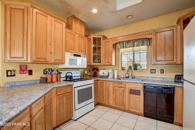 kitchen featuring light tile patterned floors, recessed lighting, glass insert cabinets, a sink, and white appliances