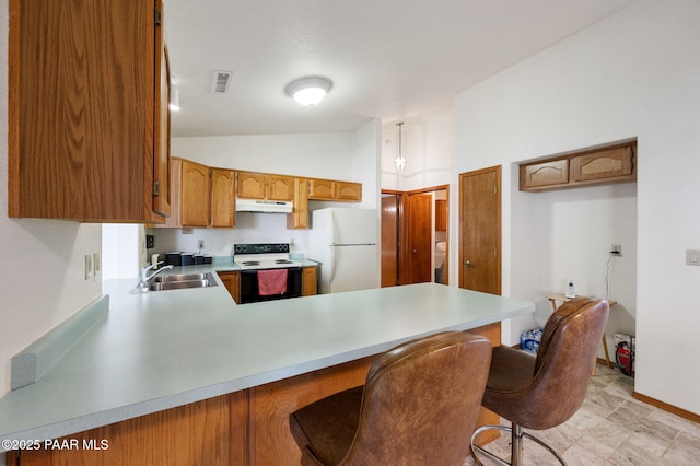 kitchen featuring sink, range with electric stovetop, kitchen peninsula, and white fridge