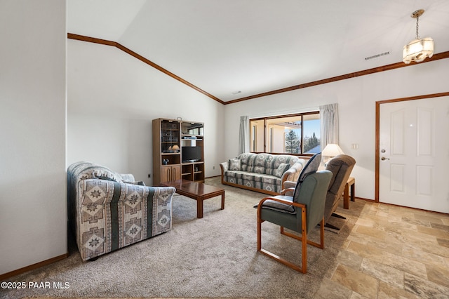 living room featuring vaulted ceiling and crown molding