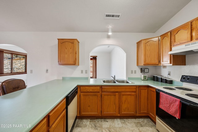 kitchen with dishwashing machine, sink, kitchen peninsula, and white range with electric cooktop