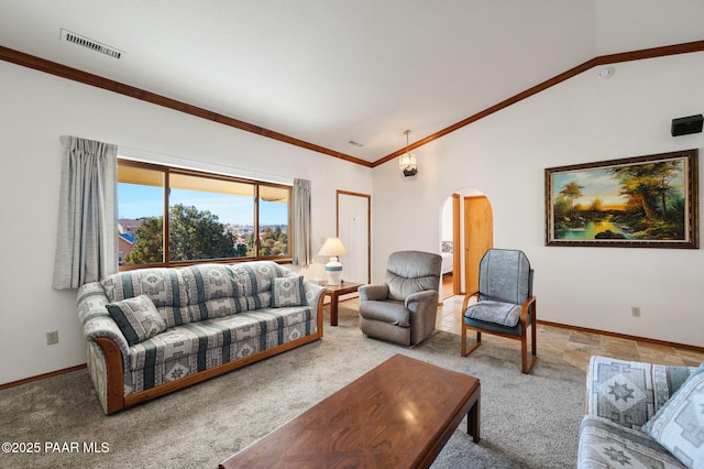 living room featuring ornamental molding, vaulted ceiling, and light colored carpet