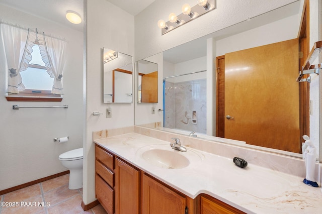 bathroom with tile patterned flooring, vanity, toilet, and walk in shower