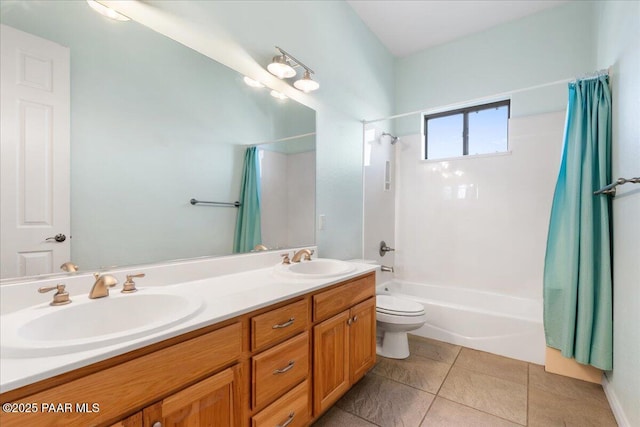 full bathroom featuring toilet, shower / tub combo, tile patterned floors, and vanity