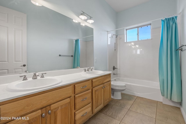 full bathroom with shower / bath combination with curtain, toilet, vanity, and tile patterned flooring