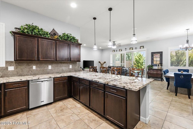 7123 E Roque Ln, Prescott Valley, AZ 86315 - kitchen featuring stainless steel dishwasher, plenty of natural light, dark brown cabinets, backsplash, and recessed lighting