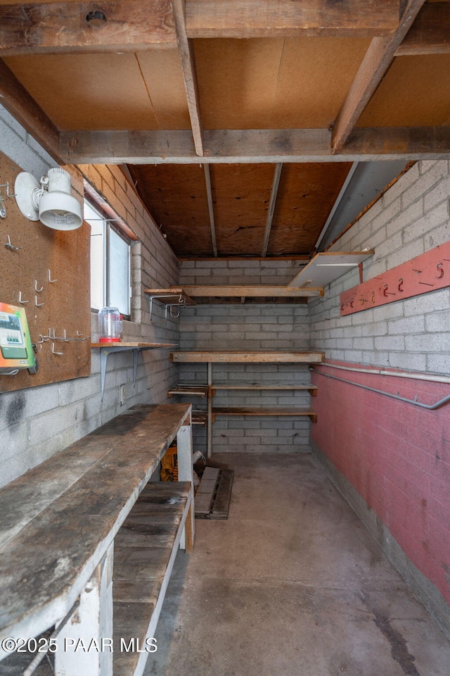 basement featuring brick wall