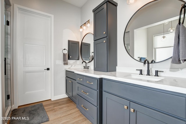 bathroom with vanity, a shower with door, and hardwood / wood-style floors