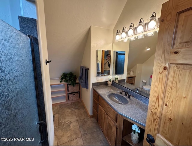 full bath with vaulted ceiling and vanity