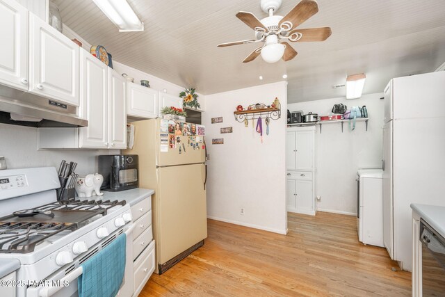 2049 N Maricopa St, Chino Valley, AZ 86323 - kitchen featuring white appliances, under cabinet range hood, white cabinets, light wood-style flooring, and ceiling fan