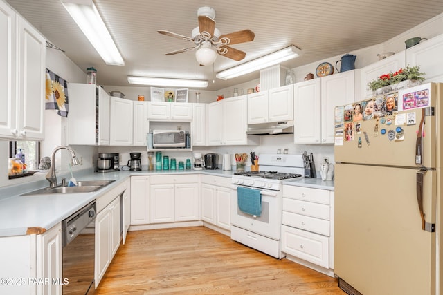 2049 N Maricopa St, Chino Valley, AZ 86323 - kitchen featuring white appliances, under cabinet range hood, a ceiling fan, white cabinets, and light countertops