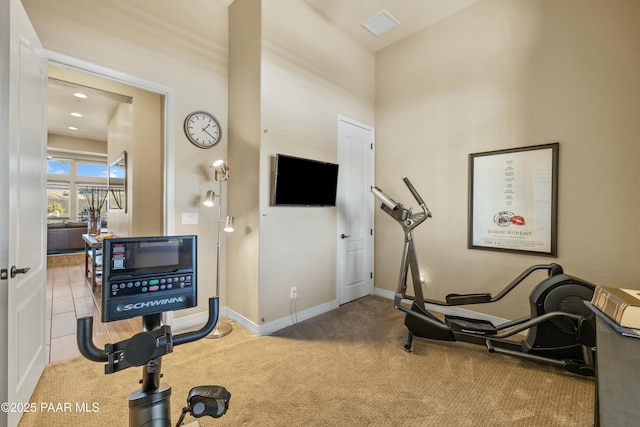 exercise room with a high ceiling and light carpet