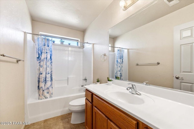 full bathroom featuring toilet, shower / tub combo, tile patterned flooring, and vanity