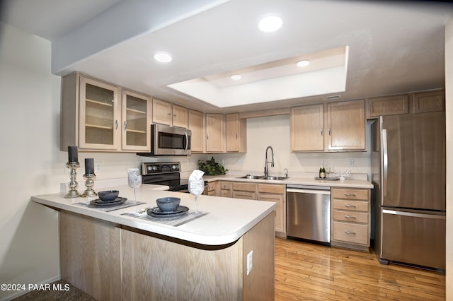 kitchen featuring kitchen peninsula, sink, light hardwood / wood-style floors, and appliances with stainless steel finishes