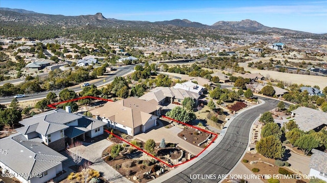 904 Daybreak Dr, Prescott, AZ 86303 - aerial view of residential area featuring a mountain backdrop and property boundaries highlighted