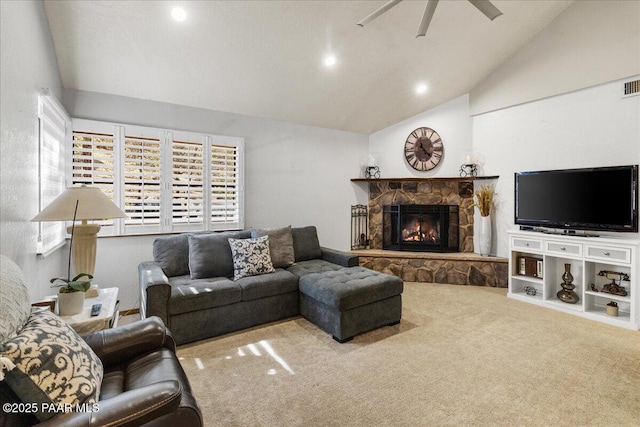 living area with a fireplace, recessed lighting, visible vents, carpet flooring, and ceiling fan