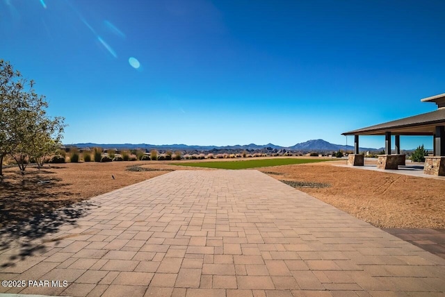 view of patio featuring a mountain view