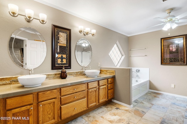 7785 E Bramble Berry Ln, Prescott Valley, AZ 86315 - full bathroom with a ceiling fan, ornamental molding, double vanity, a bath, and baseboards