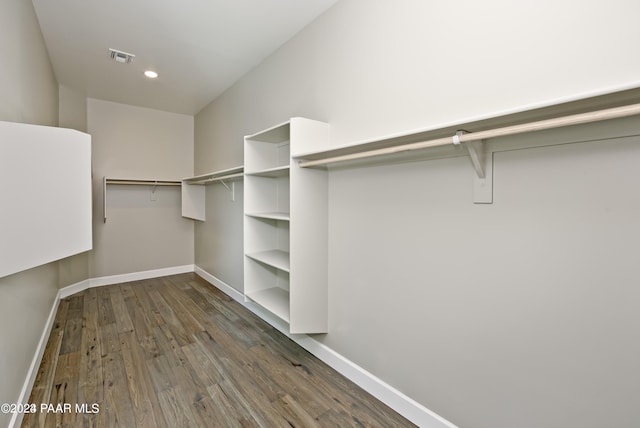 spacious closet featuring visible vents and dark wood-style flooring