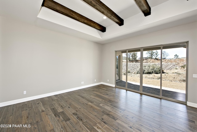 empty room featuring beamed ceiling, baseboards, and dark wood-style flooring