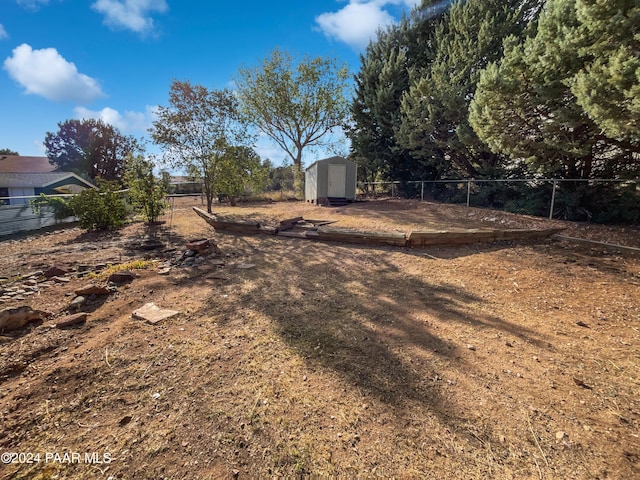 view of yard featuring a storage shed