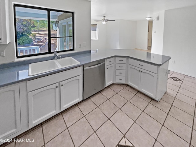 kitchen featuring stainless steel dishwasher, kitchen peninsula, white cabinetry, and sink