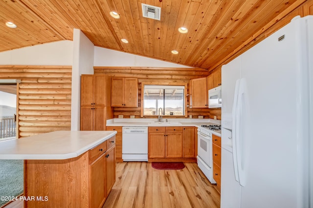 2570 S Colina Ln, Dewey-Humboldt, AZ 86329 - kitchen with white appliances, wood ceiling, rustic walls, recessed lighting, and vaulted ceiling