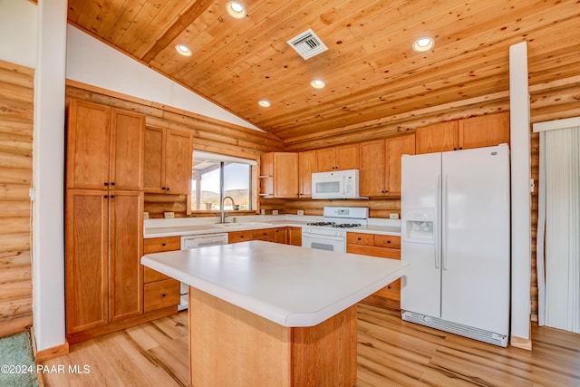 2570 S Colina Ln, Dewey-Humboldt, AZ 86329 - kitchen featuring white appliances, lofted ceiling, rustic walls, wooden ceiling, and recessed lighting