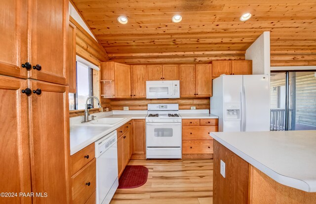 2570 S Colina Ln, Dewey-Humboldt, AZ 86329 - kitchen featuring white appliances, wooden ceiling, light countertops, light wood-style flooring, and vaulted ceiling