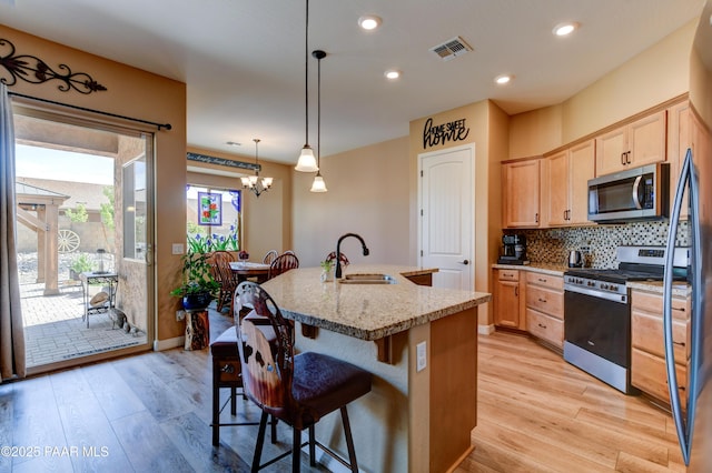 6166 E Walden Way, Prescott Valley, AZ 86314 - kitchen with appliances with stainless steel finishes, light brown cabinets, light wood-style floors, backsplash, and recessed lighting