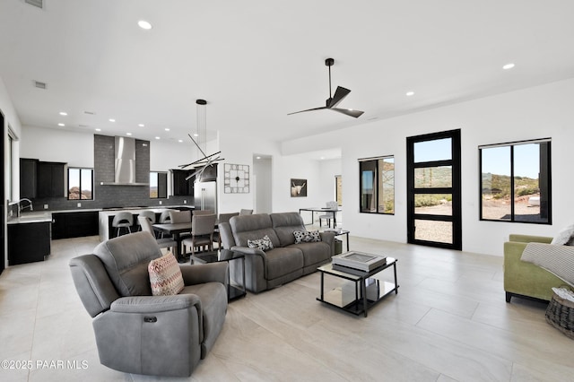 living room featuring ceiling fan