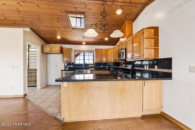 1640 W Grasshopper Ln, Chino Valley, AZ 86323 - kitchen featuring appliances with stainless steel finishes, wooden ceiling, open shelves, a peninsula, and a sink