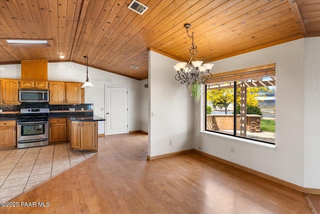 1640 W Grasshopper Ln, Chino Valley, AZ 86323 - kitchen with appliances with stainless steel finishes, vaulted ceiling, dark countertops, wooden ceiling, and decorative backsplash