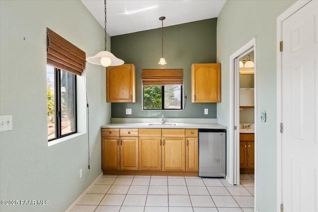 1640 W Grasshopper Ln, Chino Valley, AZ 86323 - kitchen featuring a sink, light countertops, refrigerator, hanging light fixtures, and high vaulted ceiling