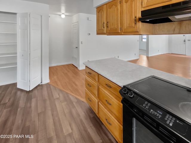 410 Apache Plume Trl, Prescott, AZ 86301 - kitchen featuring under cabinet range hood, black electric range, wood finished floors, and light countertops