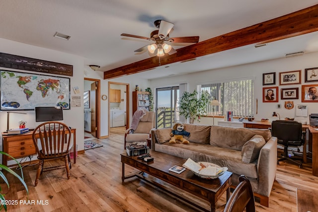 930 Ohio St, Prescott, AZ 86303 - living area with a desk, washer / clothes dryer, ceiling fan, beamed ceiling, and light wood-style flooring