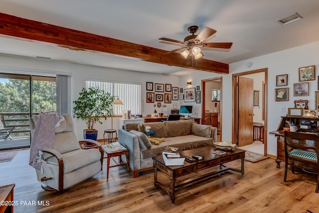 930 Ohio St, Prescott, AZ 86303 - living room with beamed ceiling, light wood-style flooring, ceiling fan, and a desk