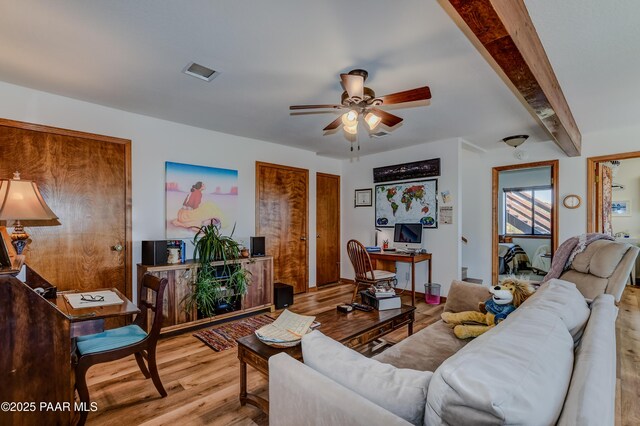 930 Ohio St, Prescott, AZ 86303 - living area featuring wood finished floors, a ceiling fan, an office area, and beam ceiling