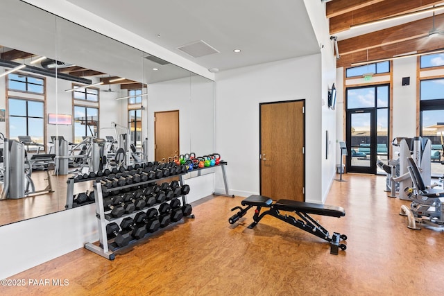 workout area with a towering ceiling, plenty of natural light, and expansive windows