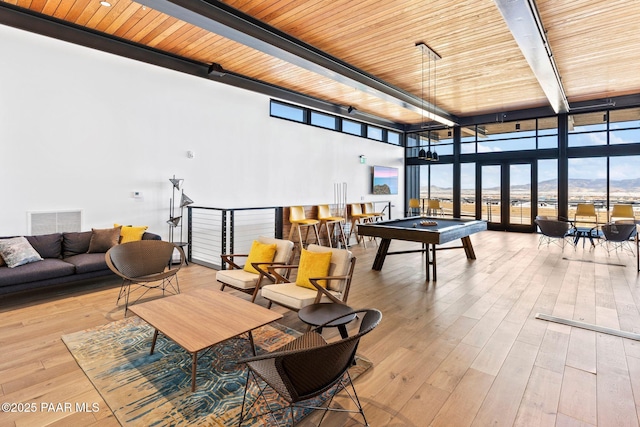 rec room featuring expansive windows, wood ceiling, and light wood-type flooring