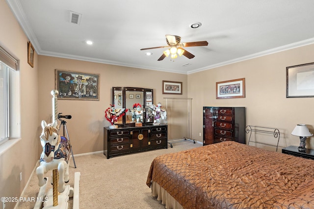 bedroom with visible vents, carpet, baseboards, ornamental molding, and recessed lighting