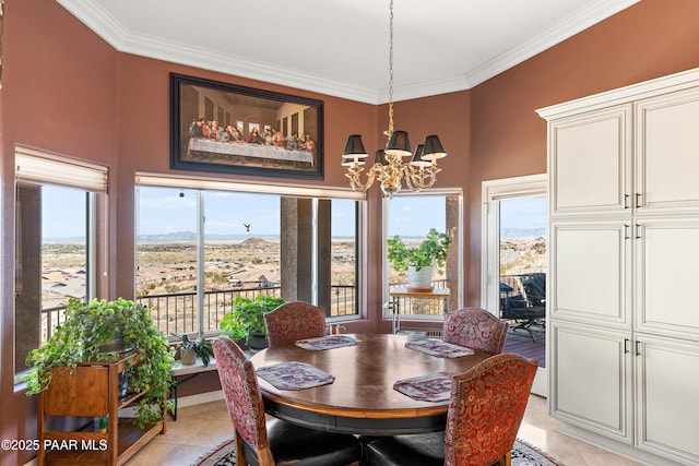 dining room with ornamental molding, light tile patterned floors, a notable chandelier, and a healthy amount of sunlight
