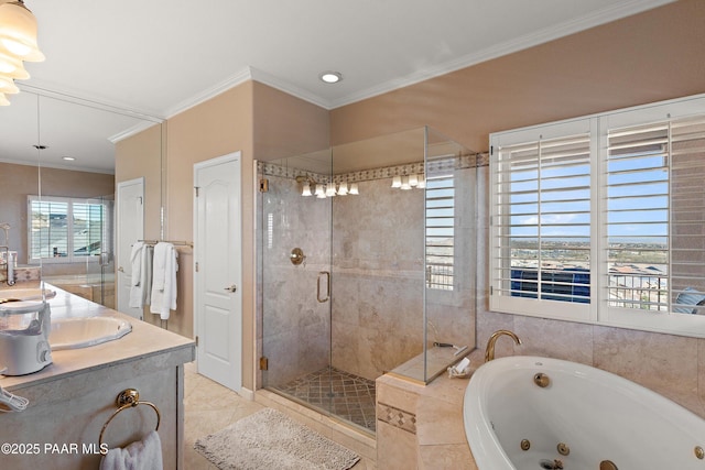 full bath with a shower stall, ornamental molding, a tub with jets, tile patterned floors, and vanity
