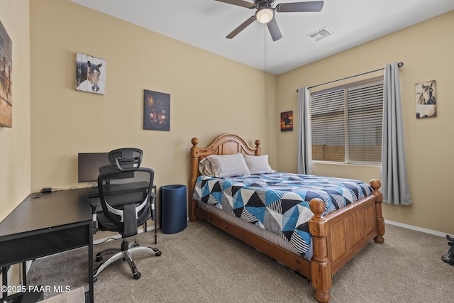 bedroom with visible vents, ceiling fan, carpet floors, and baseboards