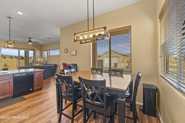 dining room with ceiling fan with notable chandelier and light wood-type flooring