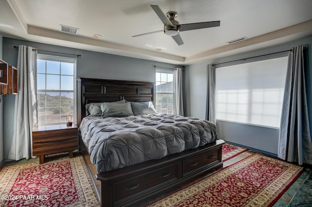 bedroom with a raised ceiling, multiple windows, and ceiling fan