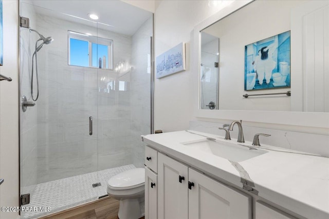 bathroom with wood finished floors, a shower stall, toilet, and vanity